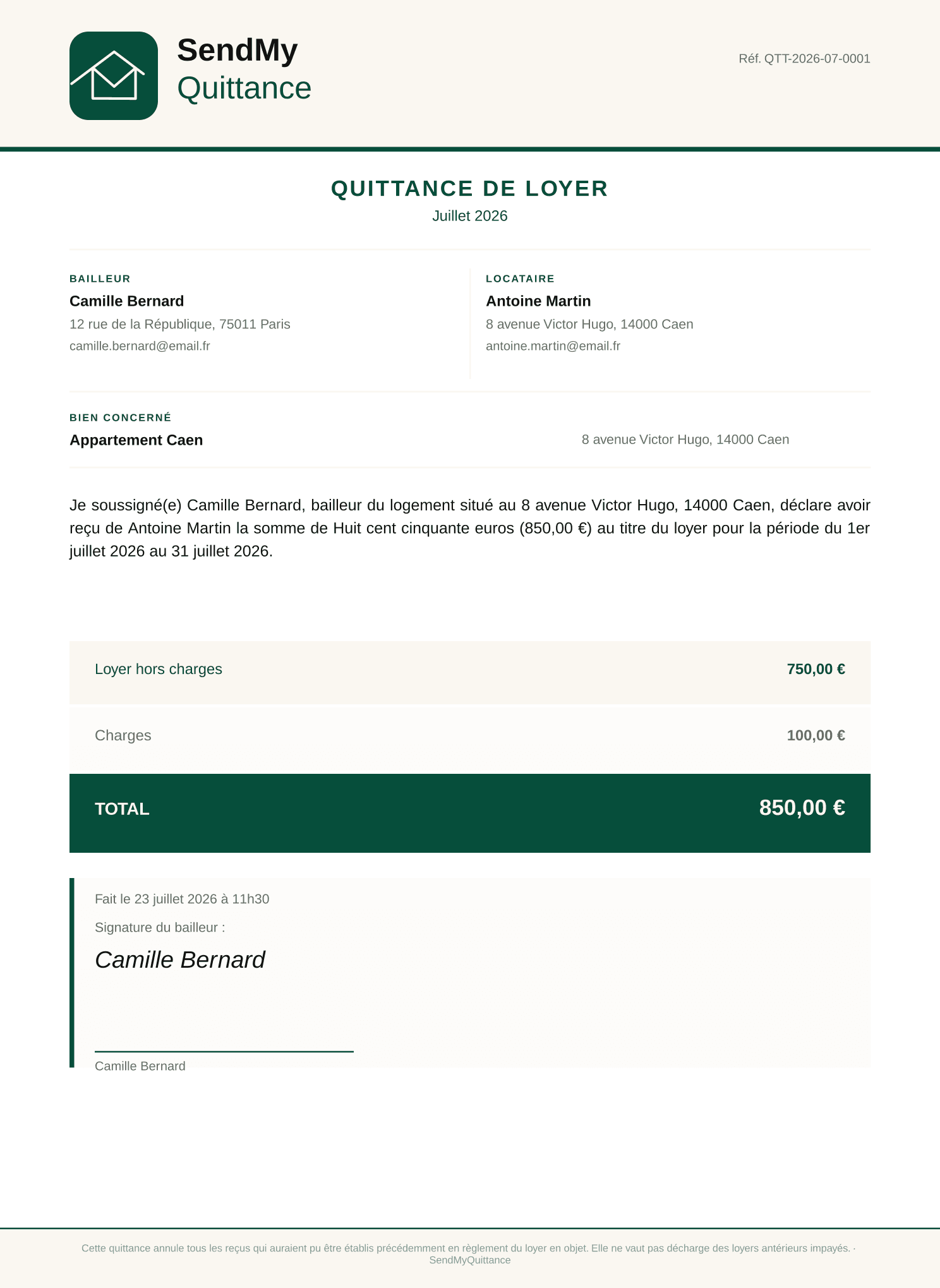 Exemple de quittance de loyer générée par SendMyQuittance, avec les mentions légales obligatoires
